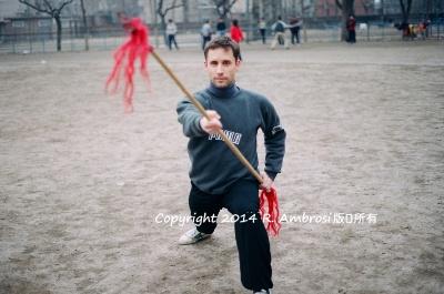 Ray practices double-headed spear.