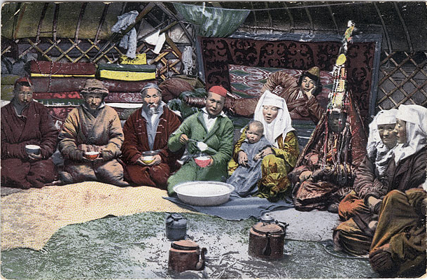 Inside a Kazakh yurt.  Date: taken between 1911 and 1914 Photo credit: Sergei Ivanovich Borisov [ Public domain via Wikimedia Commons https://commons.wikimedia.org/wiki/File%3ASB_-_Inside_a_Kazakh_yurt.jpg