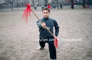 Ray practices double-headed spear.